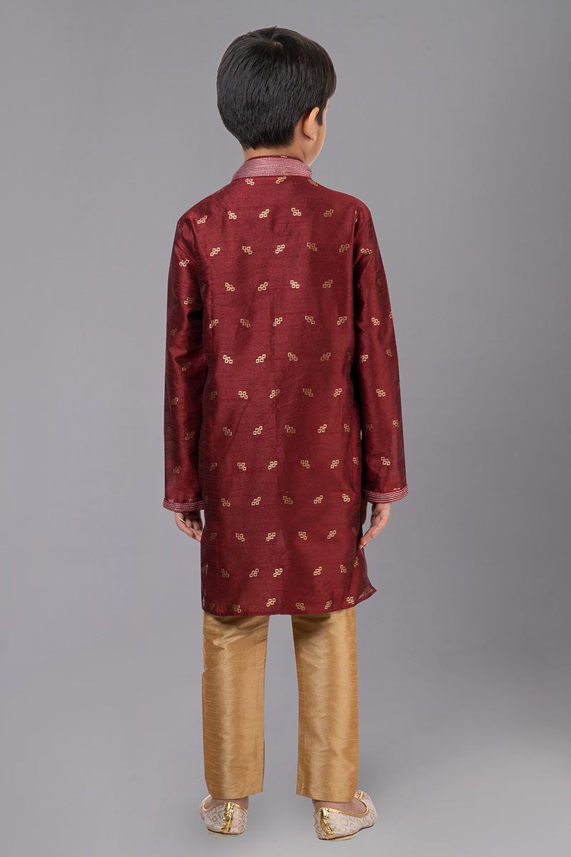 Delightful Maroon Designer Kid’s Kurta Pajama for Wedding, Reception, Festivals, Sangeet, and Parties