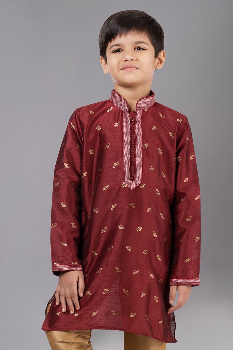 Delightful Maroon Designer Kid’s Kurta Pajama for Wedding, Reception, Festivals, Sangeet, and Parties