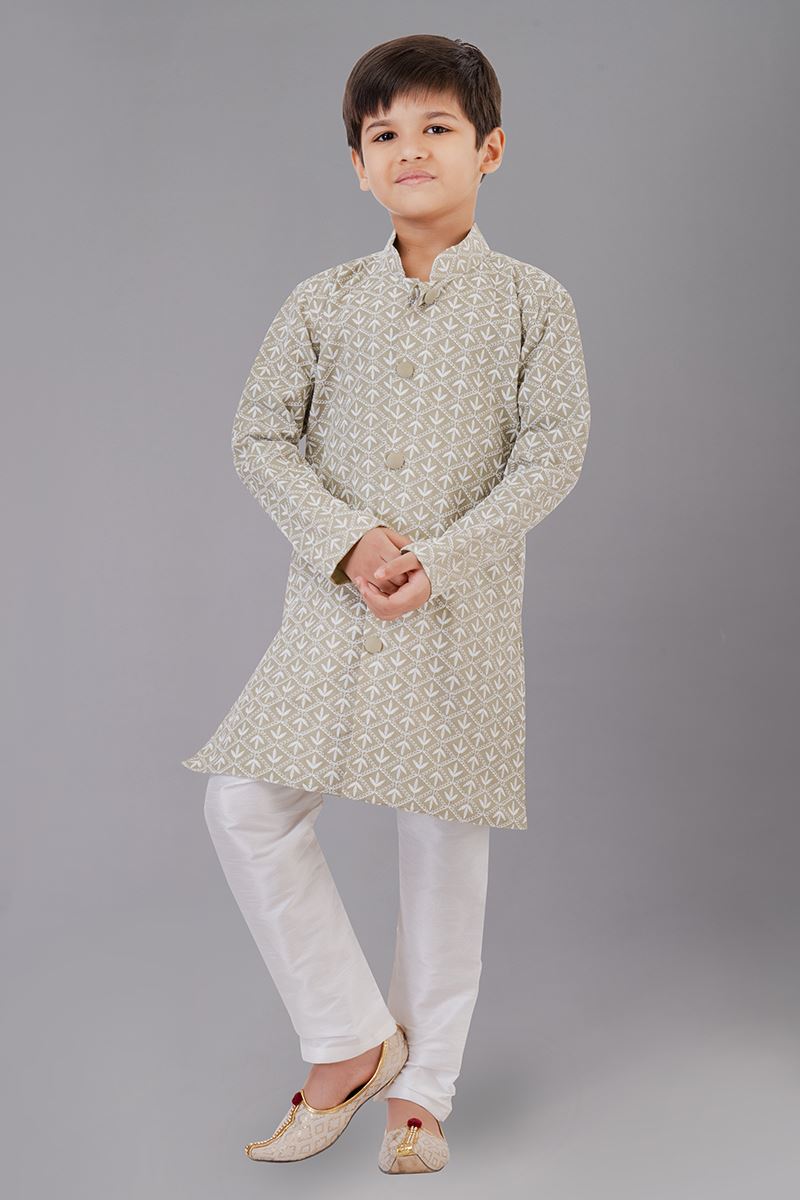 Spectacular Grey Designer Kid’s Kurta Pajama for Engagement, Reception, Festivals, Sangeet, and Parties