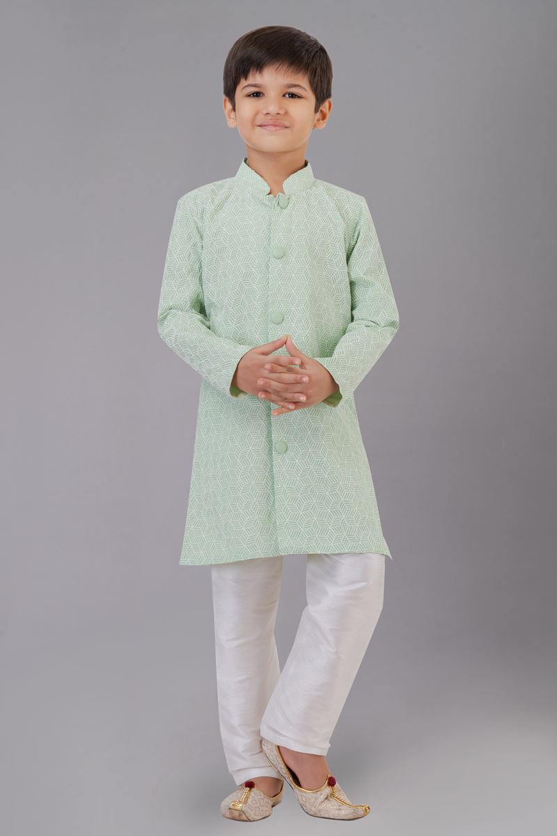 Fancy Mint Green Designer Kid’s Kurta Pajama for Engagement, Reception, Festivals, Sangeet, and Parties