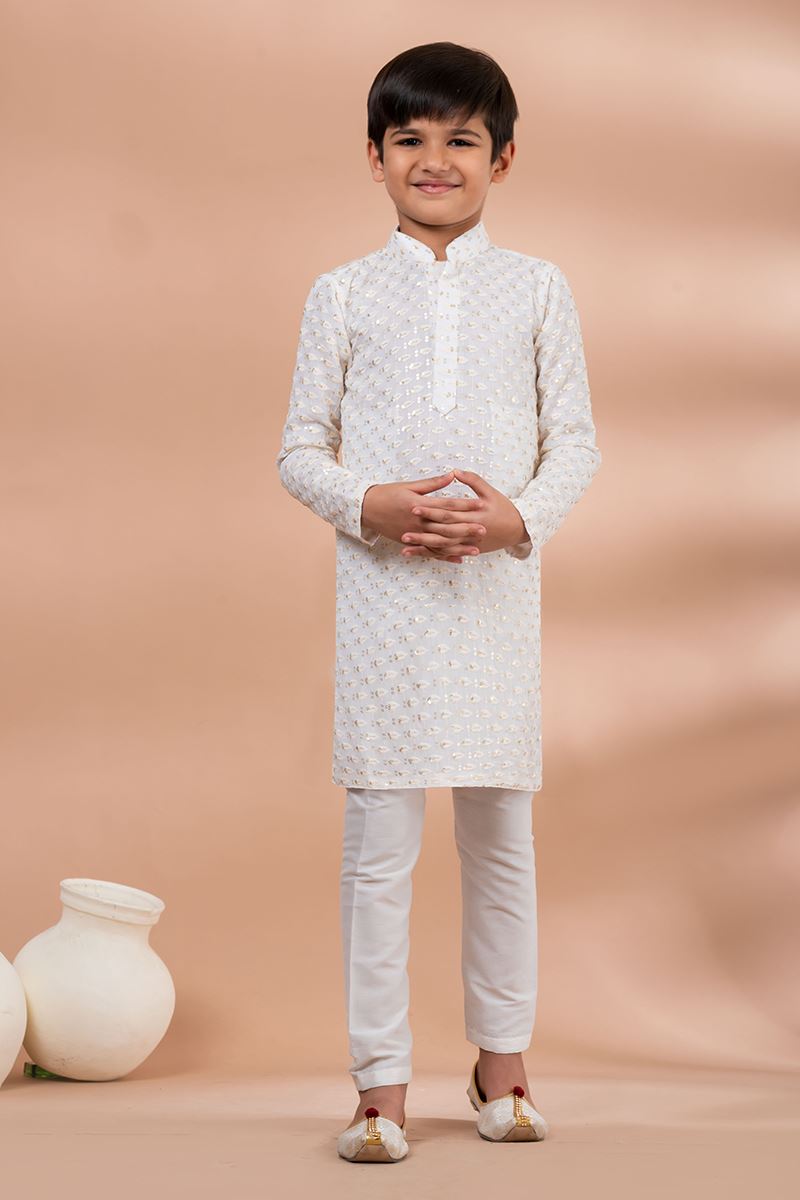 Exuberant White Designer Kid’s Kurta Pajama for Festivals, Sangeet, and Parties