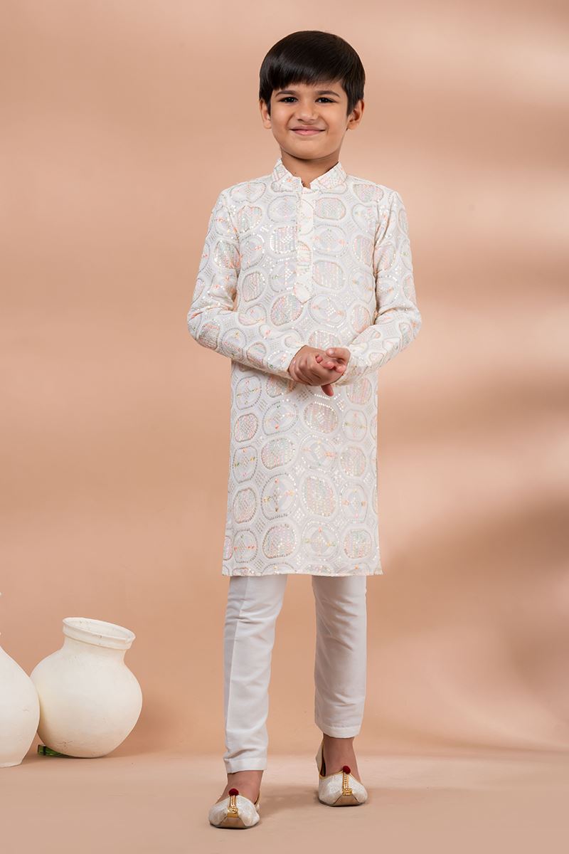 Charming White Designer Kid’s Kurta Pajama for Festivals, Sangeet, and Parties