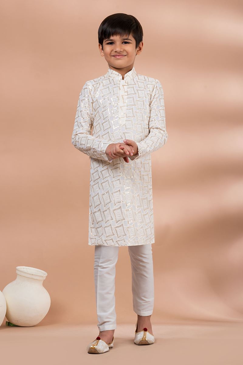 Exquisite White Designer Kid’s Kurta Pajama for Festivals, Sangeet, and Parties