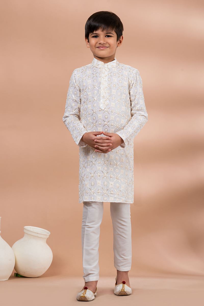 Delightful White Designer Kid’s Kurta Pajama for Festivals, Sangeet, and Parties