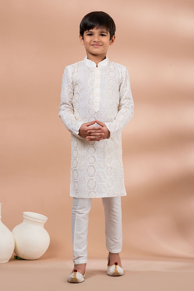 Impressive White Designer Kid’s Kurta Pajama for Festivals, Sangeet, and Parties