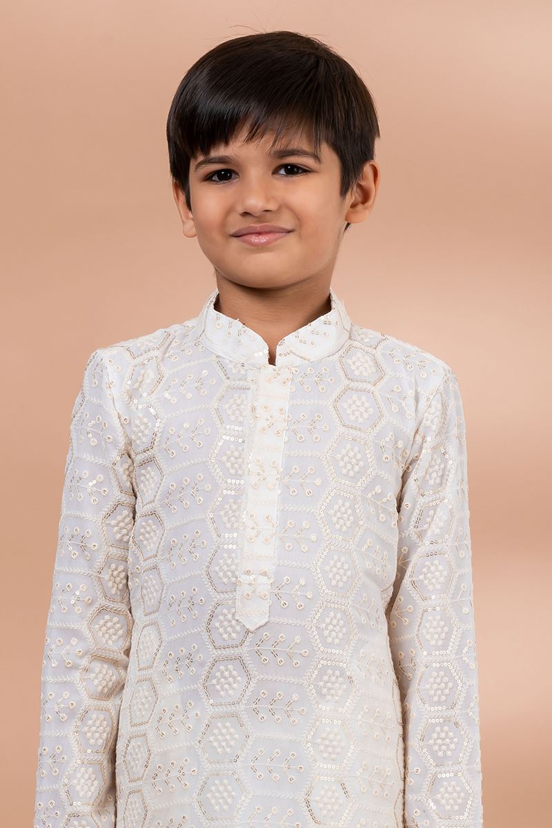Impressive White Designer Kid’s Kurta Pajama for Festivals, Sangeet, and Parties