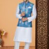 Classy White and Multi Designer Men’s Kurta Jacket Sets for Engagement, Wedding, Reception, Sangeet, and Party