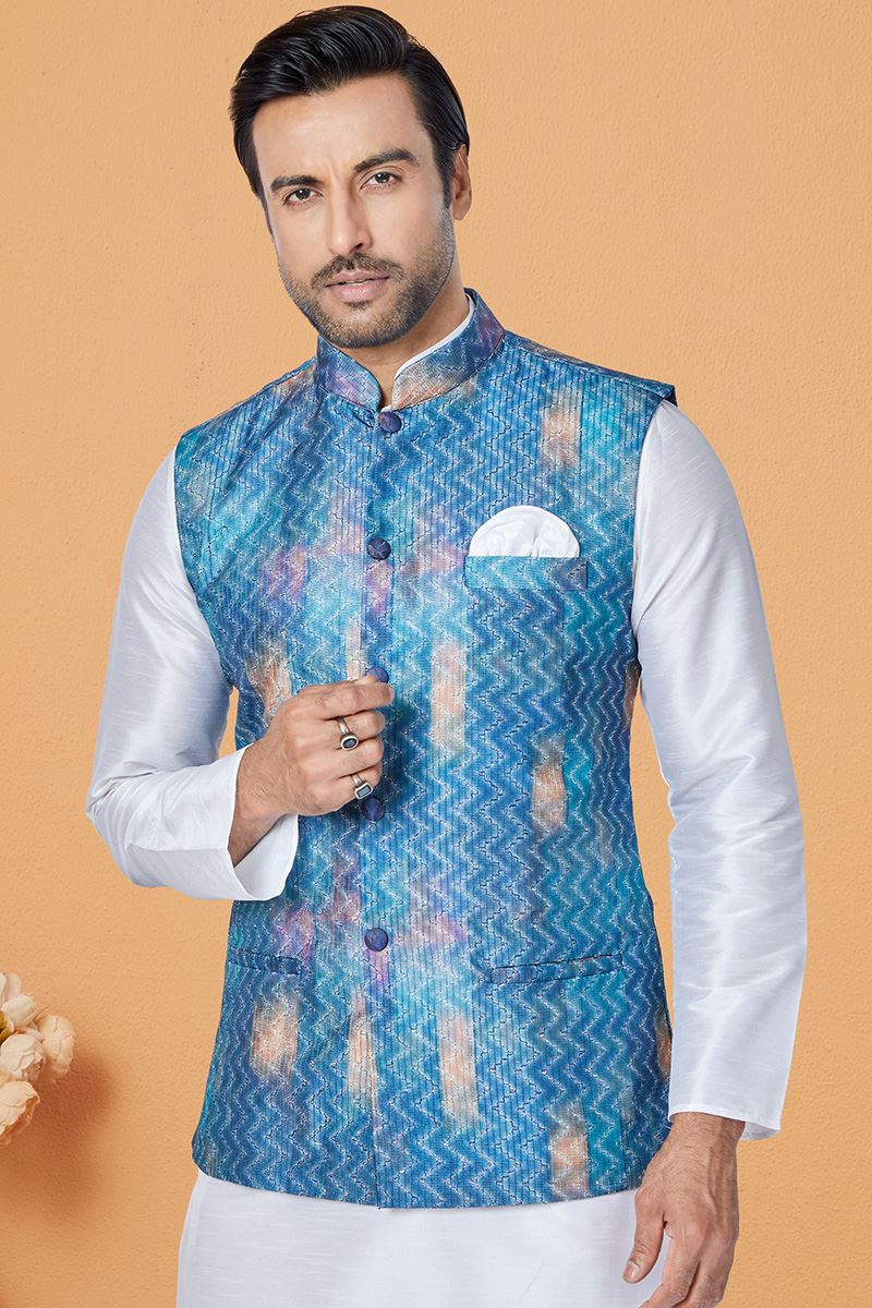 Classy White and Multi Designer Men’s Kurta Jacket Sets for Engagement, Wedding, Reception, Sangeet, and Party
