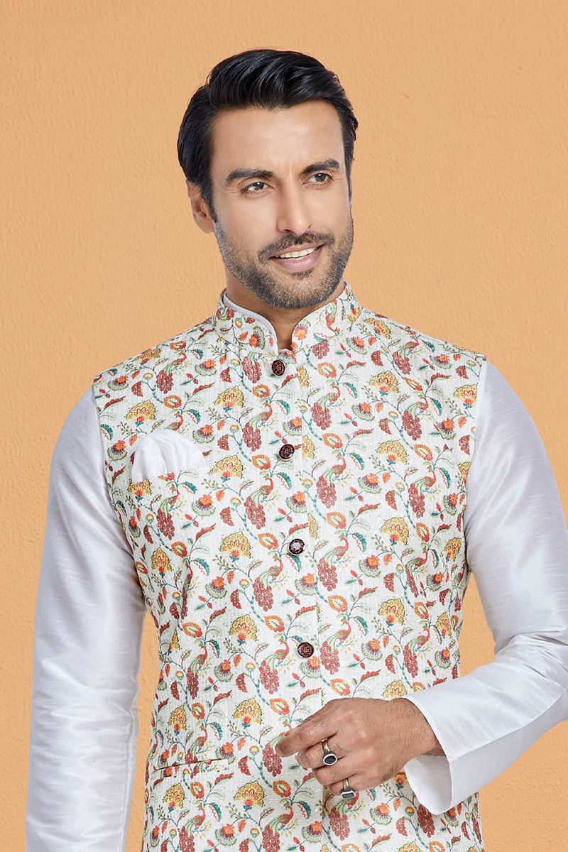 Enticing White and Multi Designer Men’s Kurta Jacket Sets for Engagement, Reception, Sangeet, and Party
