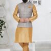 Exuberant Chiku and Grey Designer Men’s Kurta Jacket Sets for Engagement, Wedding, Reception, Sangeet, and Party