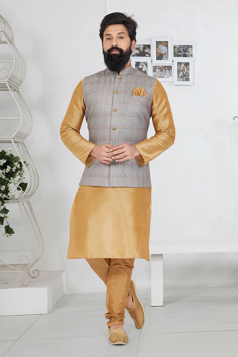 Exuberant Chiku and Grey Designer Men’s Kurta Jacket Sets for Engagement, Wedding, Reception, Sangeet, and Party