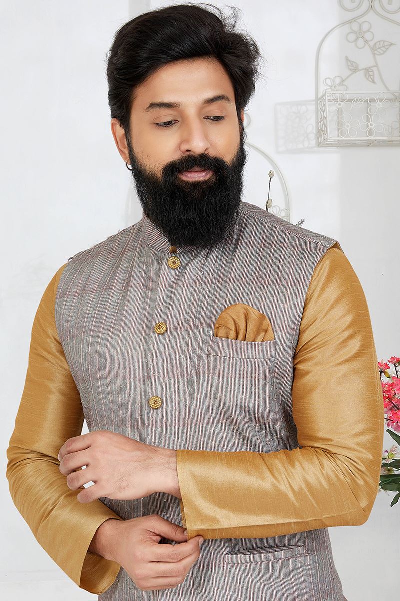 Exuberant Chiku and Grey Designer Men’s Kurta Jacket Sets for Engagement, Wedding, Reception, Sangeet, and Party