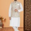 Charming White and Multi Designer Men’s Kurta Jacket Sets for Engagement, Reception, Sangeet, and Party
