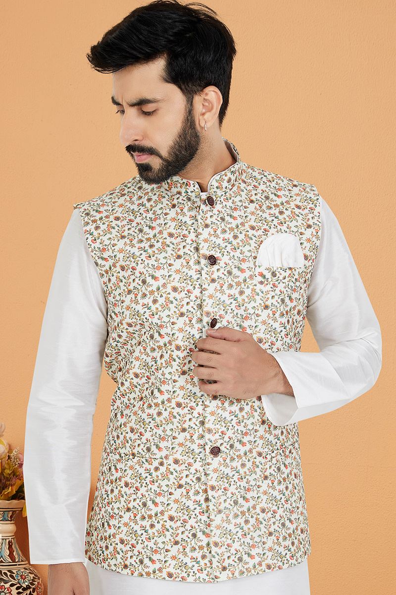 Charming White and Multi Designer Men’s Kurta Jacket Sets for Engagement, Reception, Sangeet, and Party