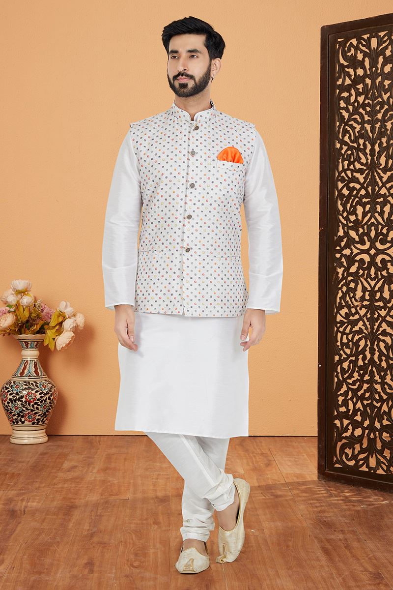 Exquisite White Designer Men’s Kurta Jacket Sets for Engagement, Reception, Sangeet, and Party