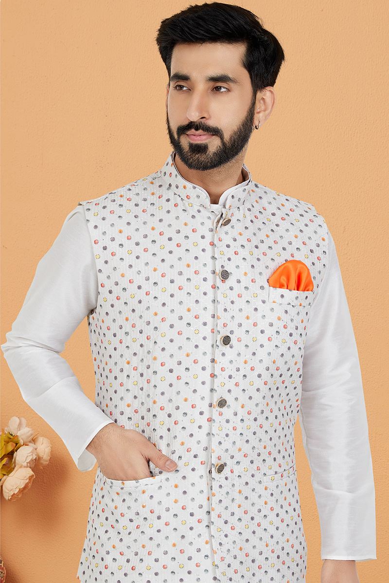 Exquisite White Designer Men’s Kurta Jacket Sets for Engagement, Reception, Sangeet, and Party