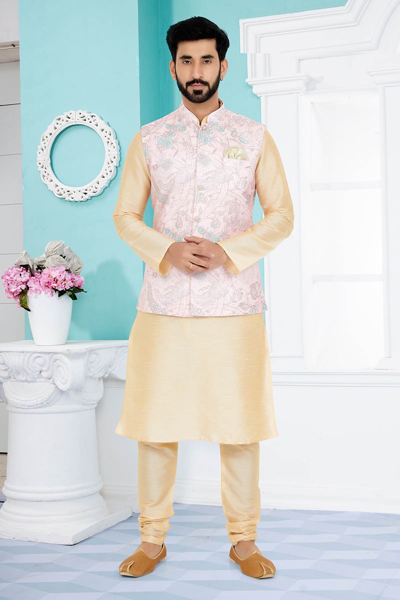 Delightful Cream and Light Pink Designer Men’s Kurta Jacket Sets for Engagement, Reception, Sangeet, and Party