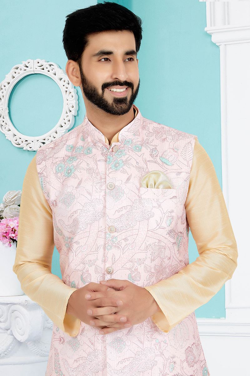 Delightful Cream and Light Pink Designer Men’s Kurta Jacket Sets for Engagement, Reception, Sangeet, and Party