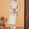 Magnificent Cream and Multi Designer Men’s Kurta Jacket Sets for Engagement, Reception, Sangeet, and Party