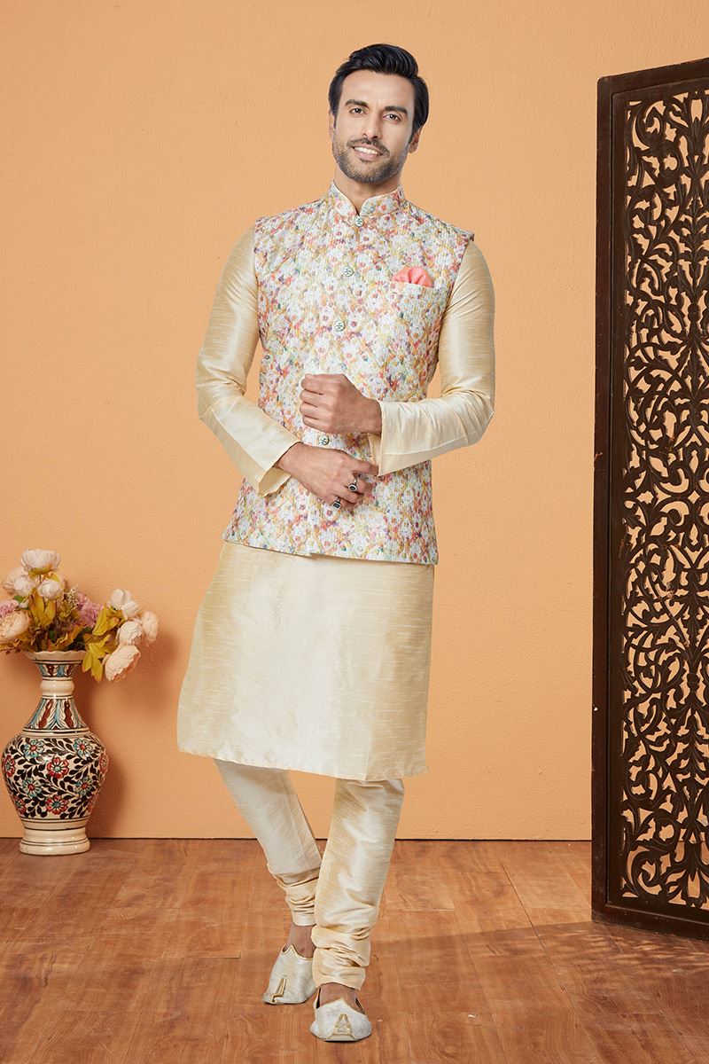 Magnificent Cream and Multi Designer Men’s Kurta Jacket Sets for Engagement, Reception, Sangeet, and Party