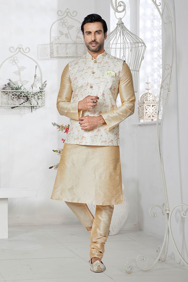 Fashionable Cream and Multi Designer Men’s Kurta Jacket Sets for Engagement, Reception, Sangeet, and Party