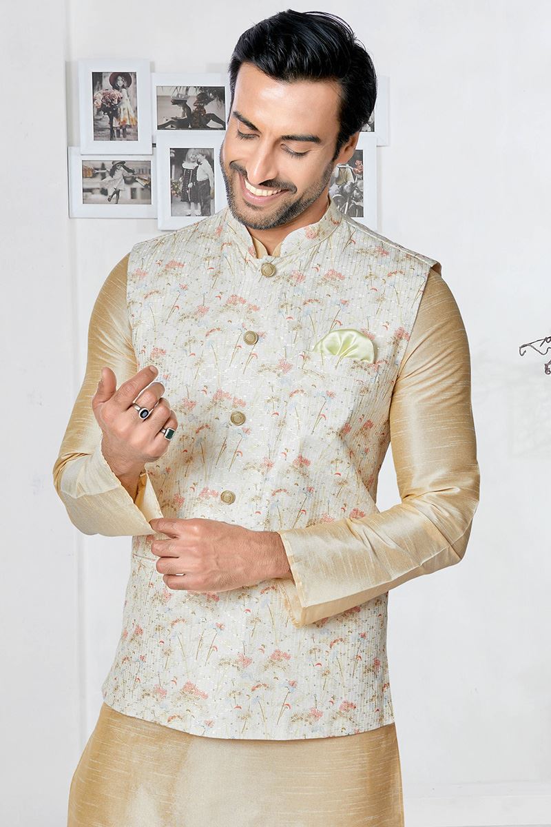 Fashionable Cream and Multi Designer Men’s Kurta Jacket Sets for Engagement, Reception, Sangeet, and Party