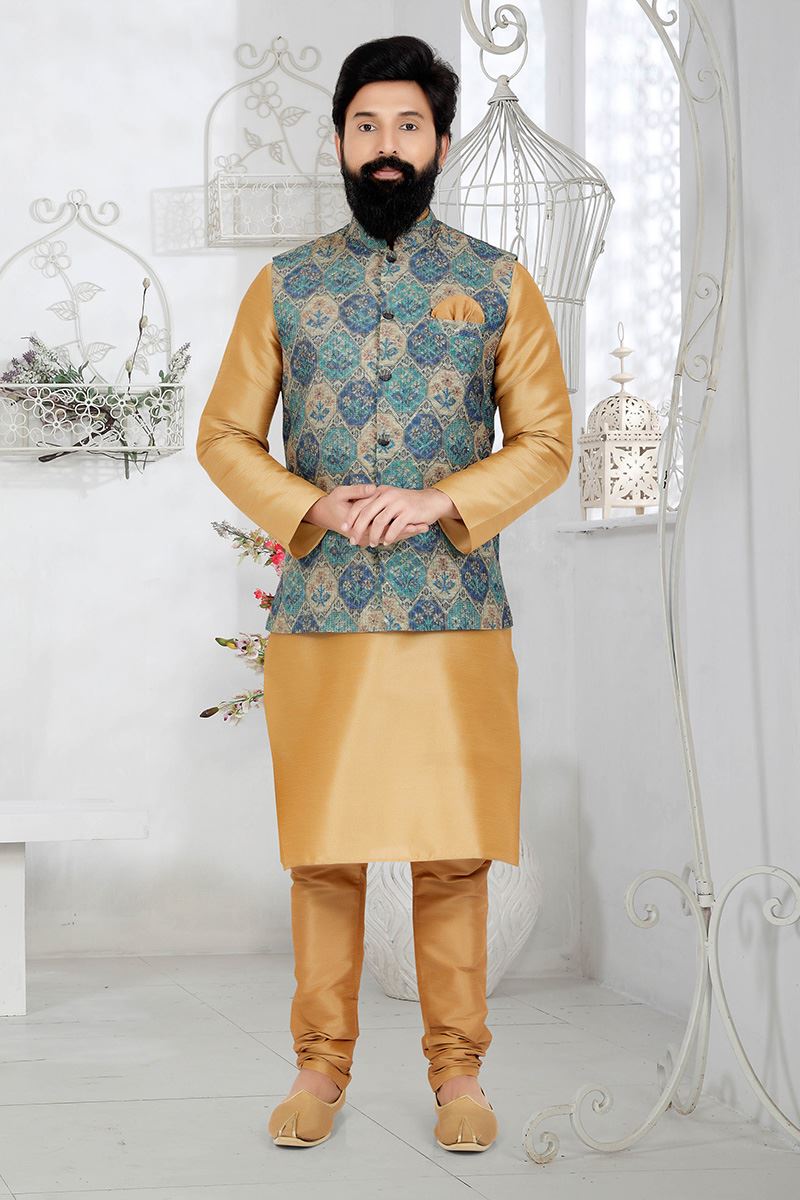 Appealing Chiku and Multi Designer Men’s Kurta Jacket Sets for Engagement, Reception, Sangeet, and Party