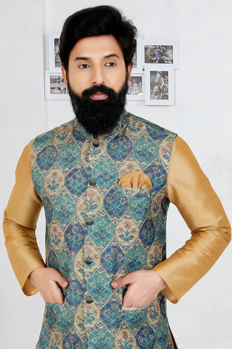 Appealing Chiku and Multi Designer Men’s Kurta Jacket Sets for Engagement, Reception, Sangeet, and Party