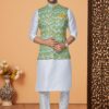 Majestic Off-White and Multi Designer Men’s Kurta Jacket Sets for Engagement, Reception, Sangeet, and Party
