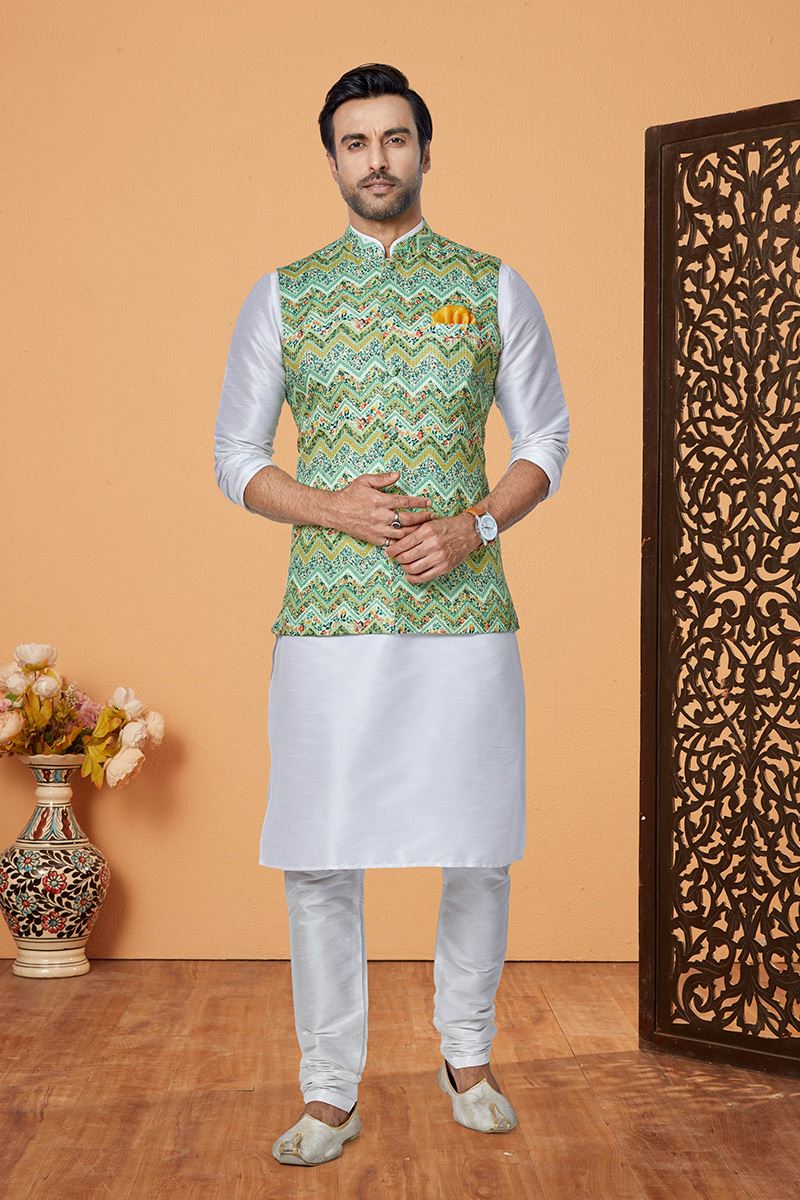 Majestic Off-White and Multi Designer Men’s Kurta Jacket Sets for Engagement, Reception, Sangeet, and Party