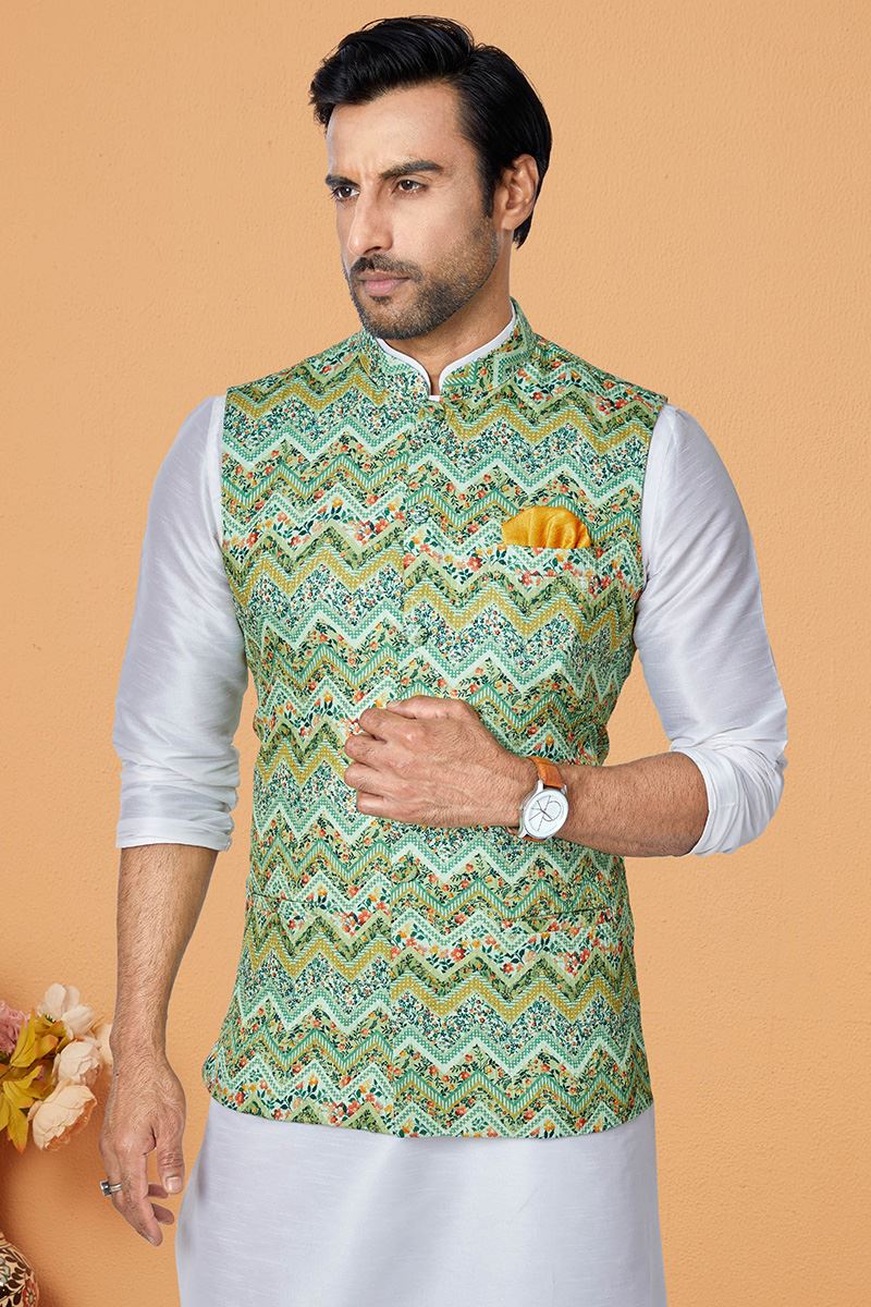 Majestic Off-White and Multi Designer Men’s Kurta Jacket Sets for Engagement, Reception, Sangeet, and Party