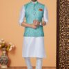 Charismatic Off-White and Blue Designer Men’s Kurta Jacket Sets for Engagement, Reception, Sangeet, and Party