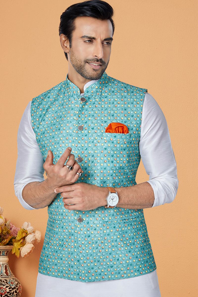 Charismatic Off-White and Blue Designer Men’s Kurta Jacket Sets for Engagement, Reception, Sangeet, and Party
