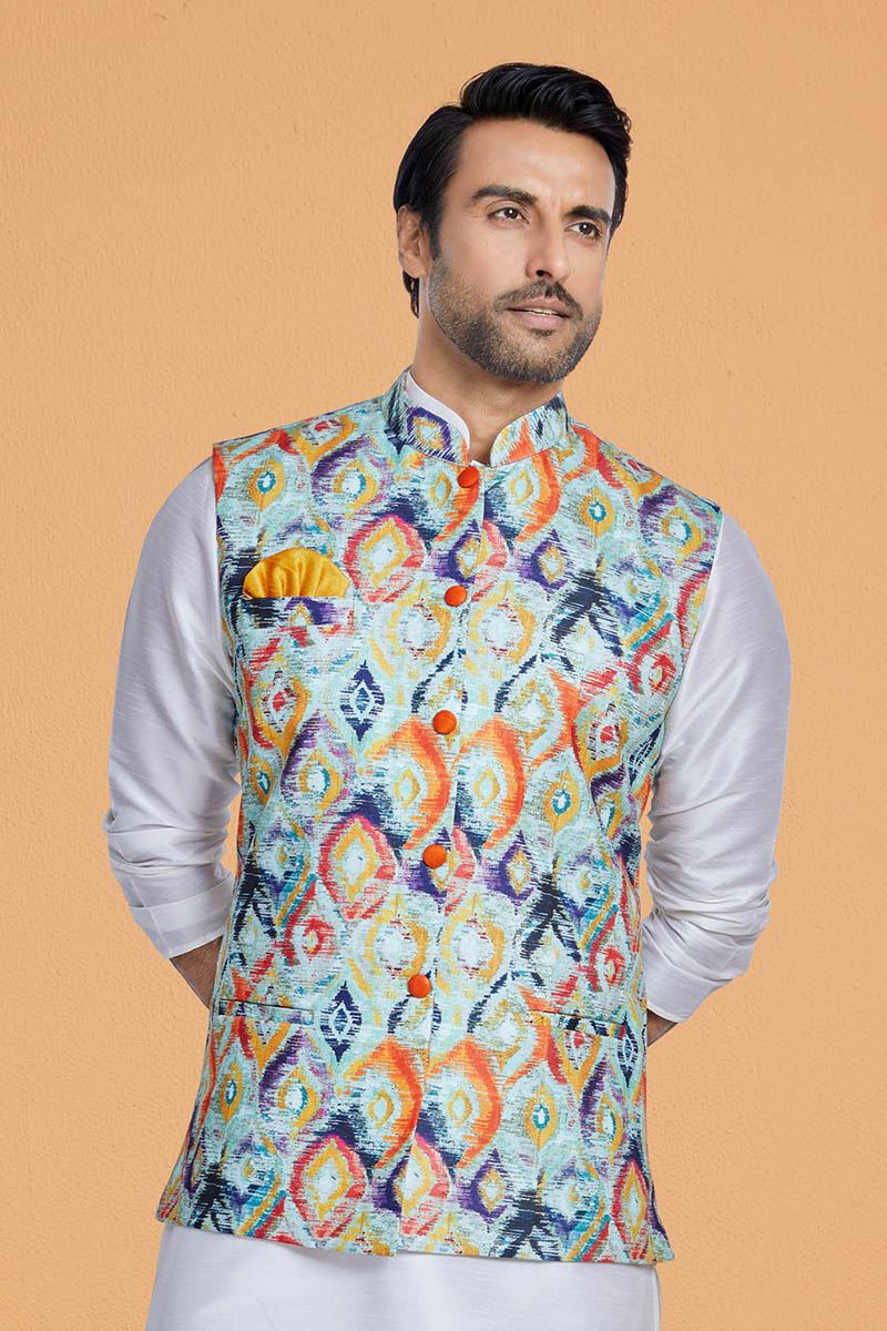 Captivating Off-White and Multi Designer Men’s Kurta Jacket Sets for Engagement, Reception, Sangeet, and Party