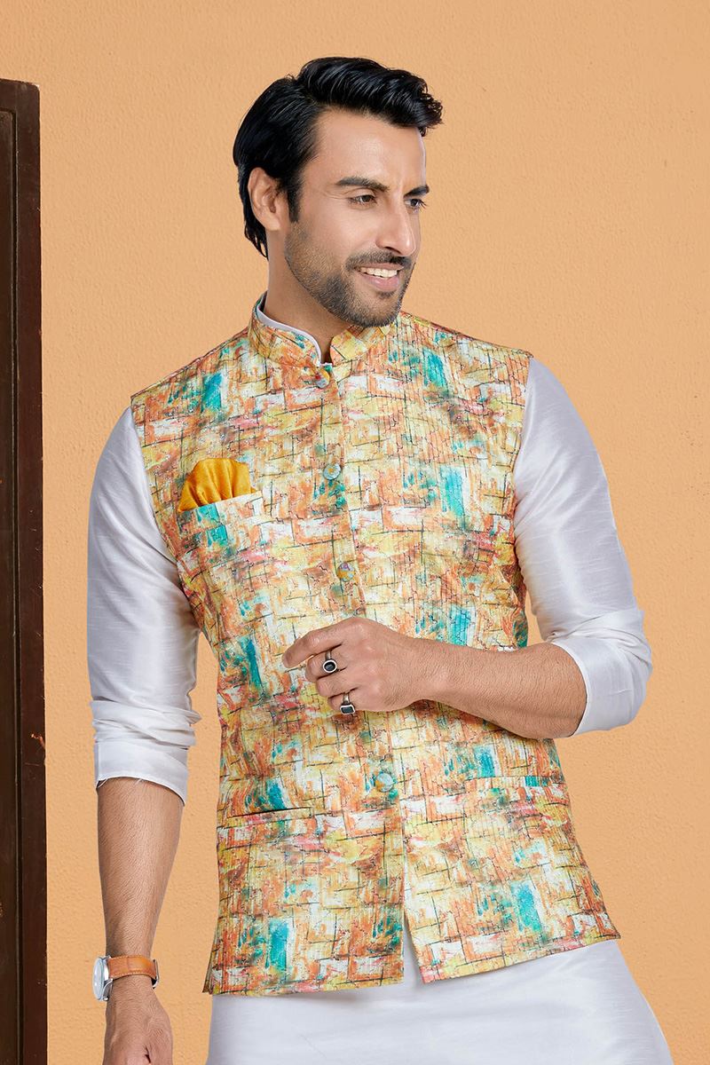 Stylish Off-White and Multi Designer Men’s Kurta Jacket Sets for Engagement, Reception, Sangeet, and Party