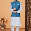 Attractive Off-White and Blue Designer Men’s Kurta Jacket Sets for Engagement, Reception, Sangeet, and Party