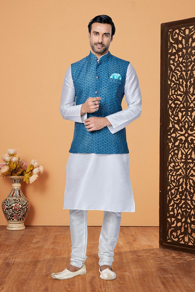 Attractive Off-White and Blue Designer Men’s Kurta Jacket Sets for Engagement, Reception, Sangeet, and Party