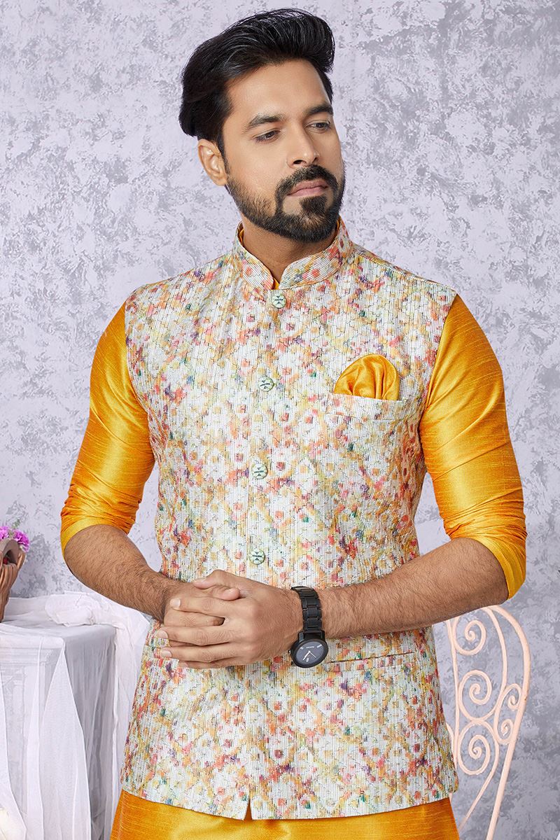 Dashing Mustard and Multi Designer Men’s Kurta Jacket Sets for Engagement, Reception, Sangeet, and Party