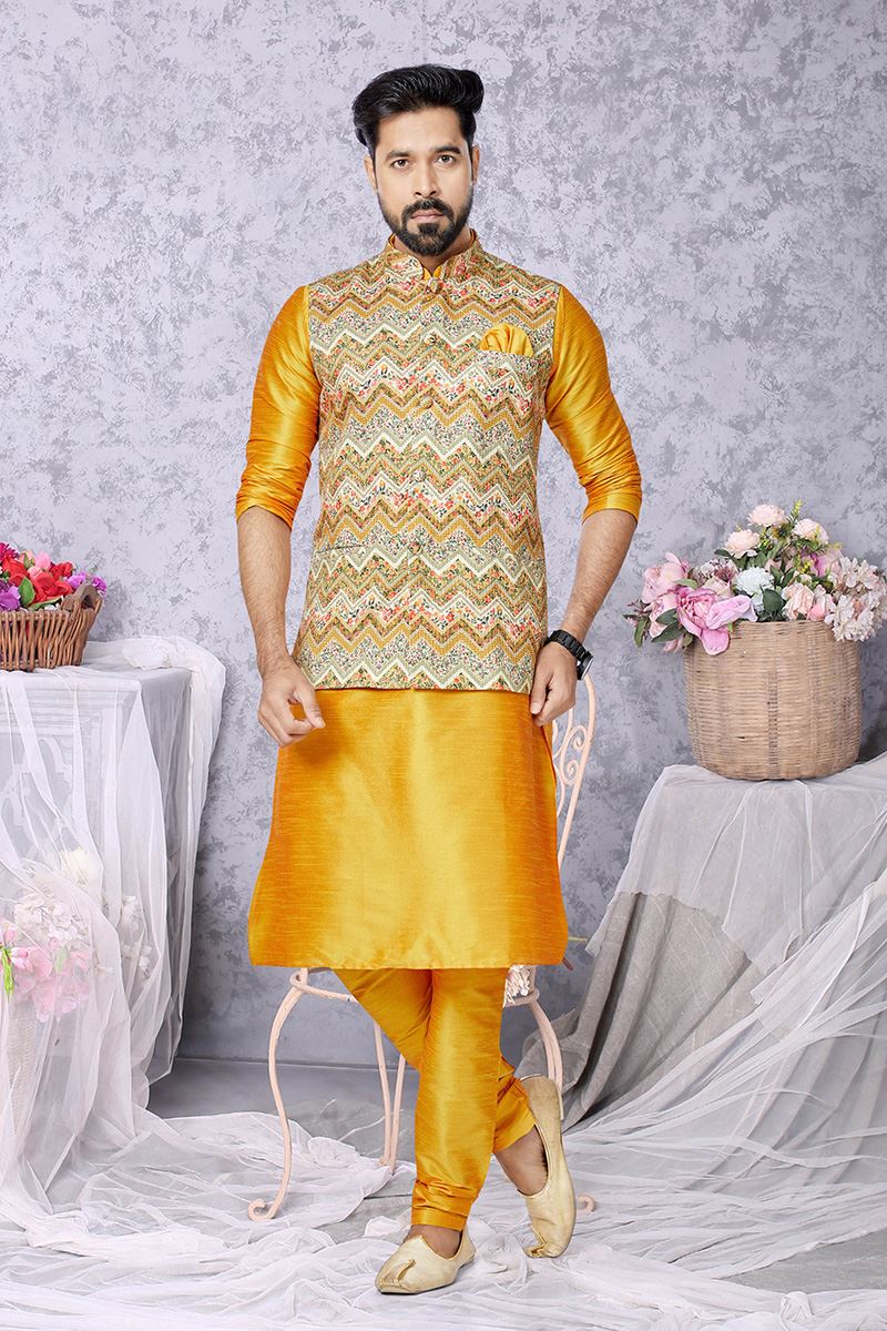 Elegant Mustard and Multi Designer Men’s Kurta Jacket Sets for Engagement, Reception, Sangeet, and Party