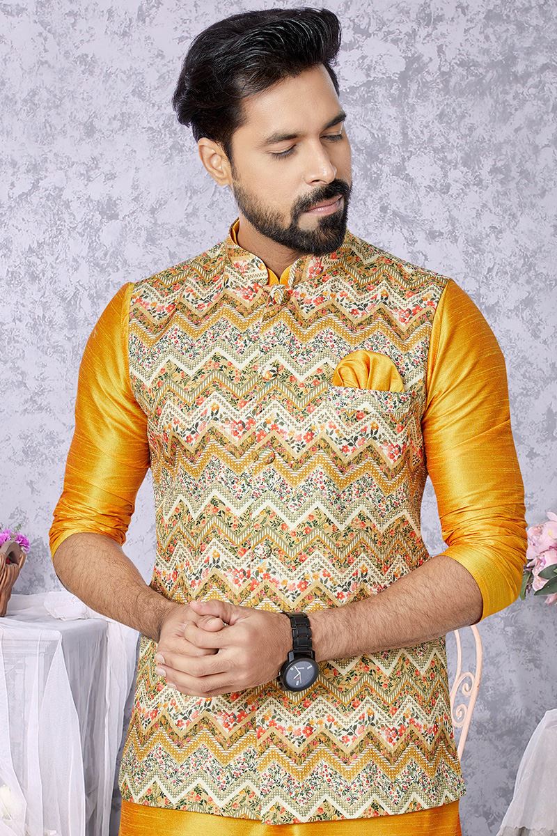 Elegant Mustard and Multi Designer Men’s Kurta Jacket Sets for Engagement, Reception, Sangeet, and Party