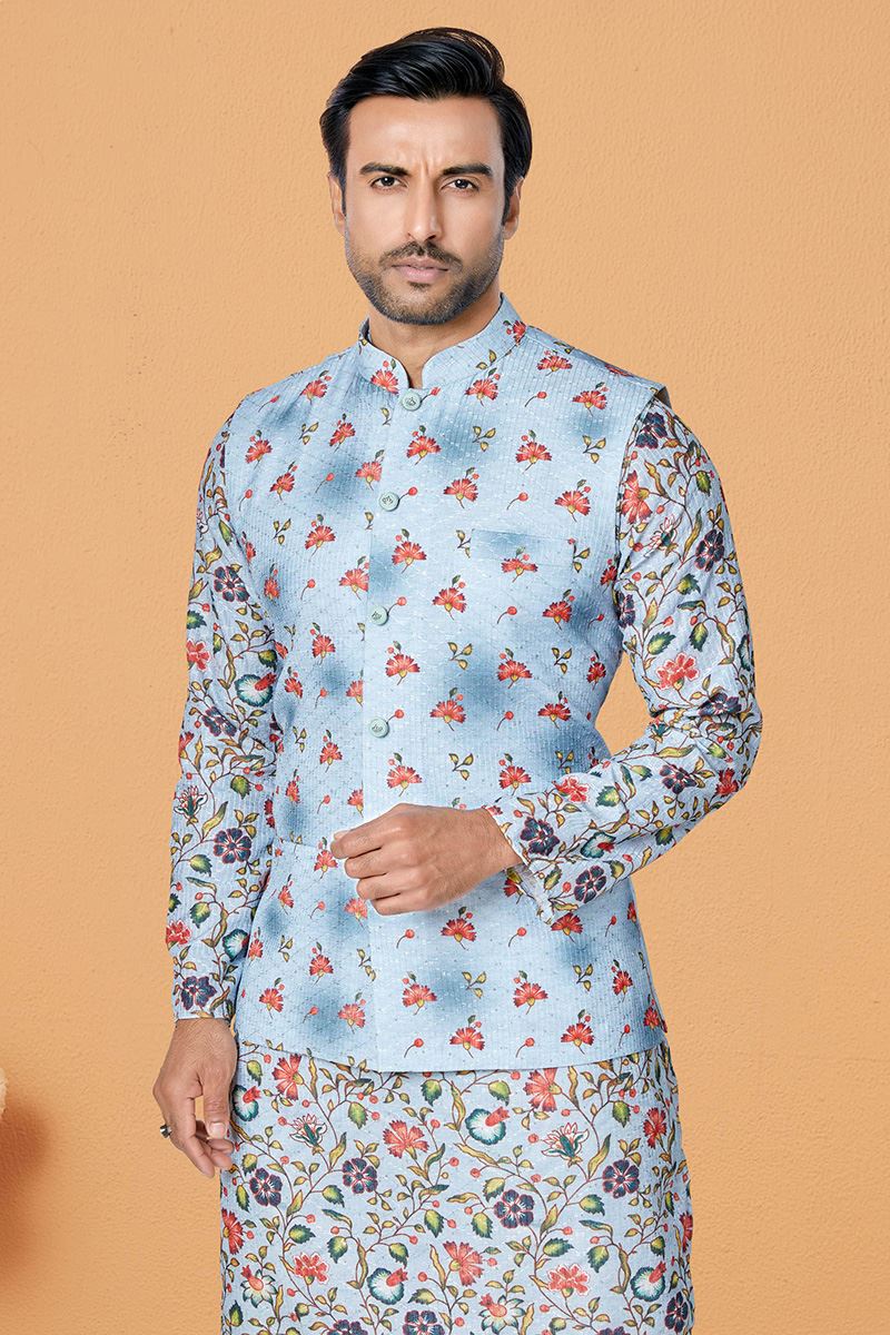 Fancy Multi and Sky Blue Designer Men’s Kurta Jacket Sets for Engagement, Reception, Sangeet, and Party