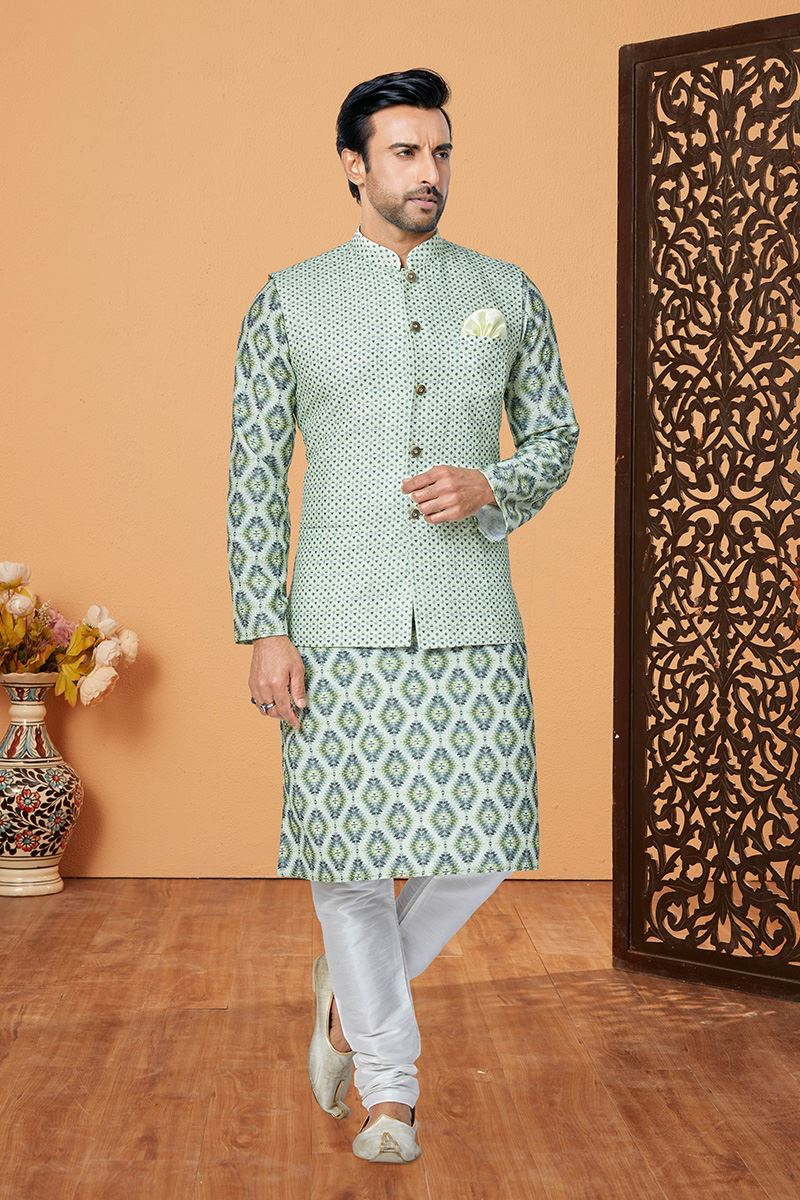 Marvelous Multi and Sky Blue Designer Men’s Kurta Jacket Sets for Engagement, Reception, Sangeet, and Party