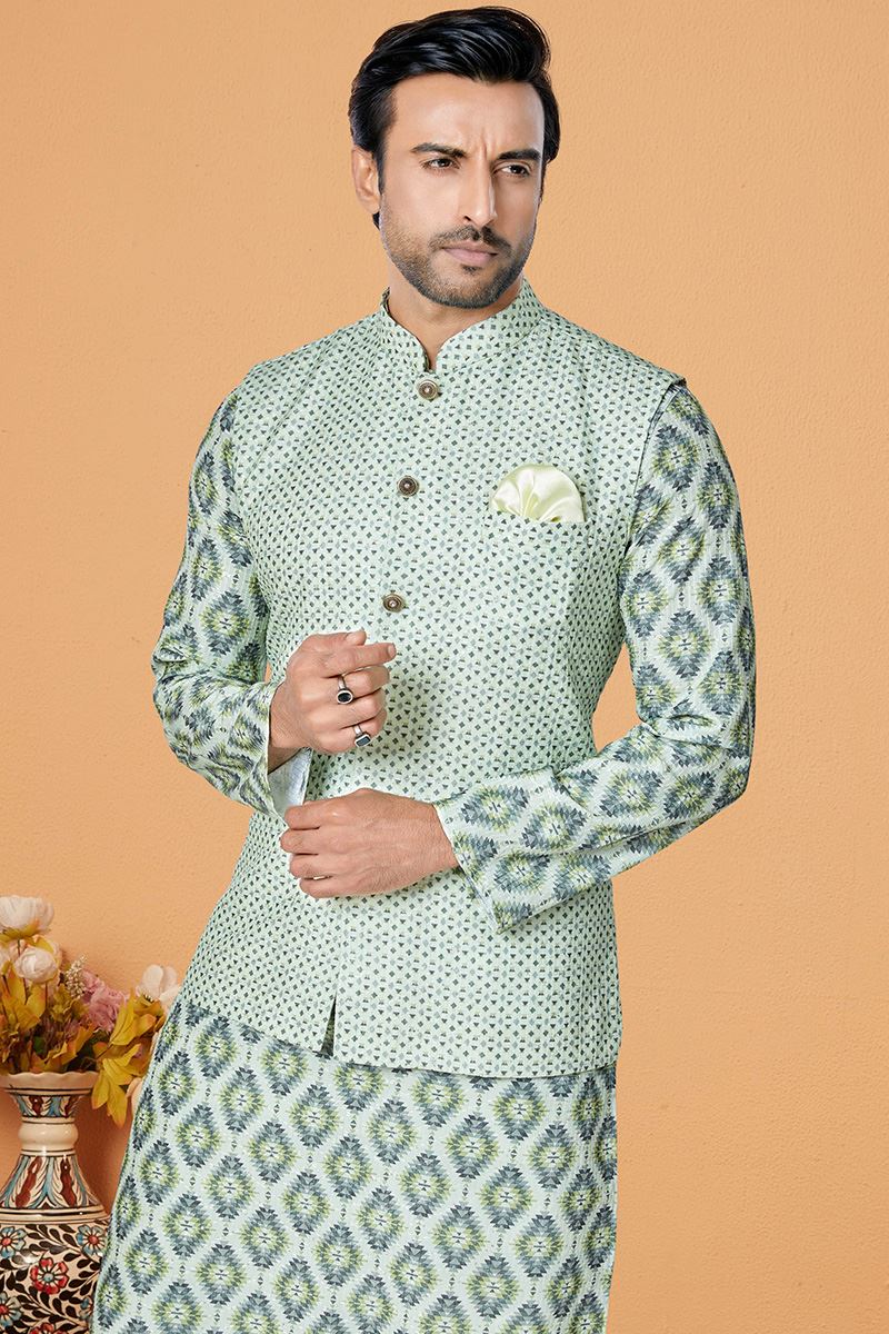 Marvelous Multi and Sky Blue Designer Men’s Kurta Jacket Sets for Engagement, Reception, Sangeet, and Party