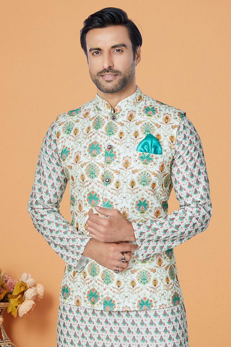 Awesome Off-White and Multi Designer Men’s Kurta Jacket Sets for Engagement, Reception, Sangeet, and Party