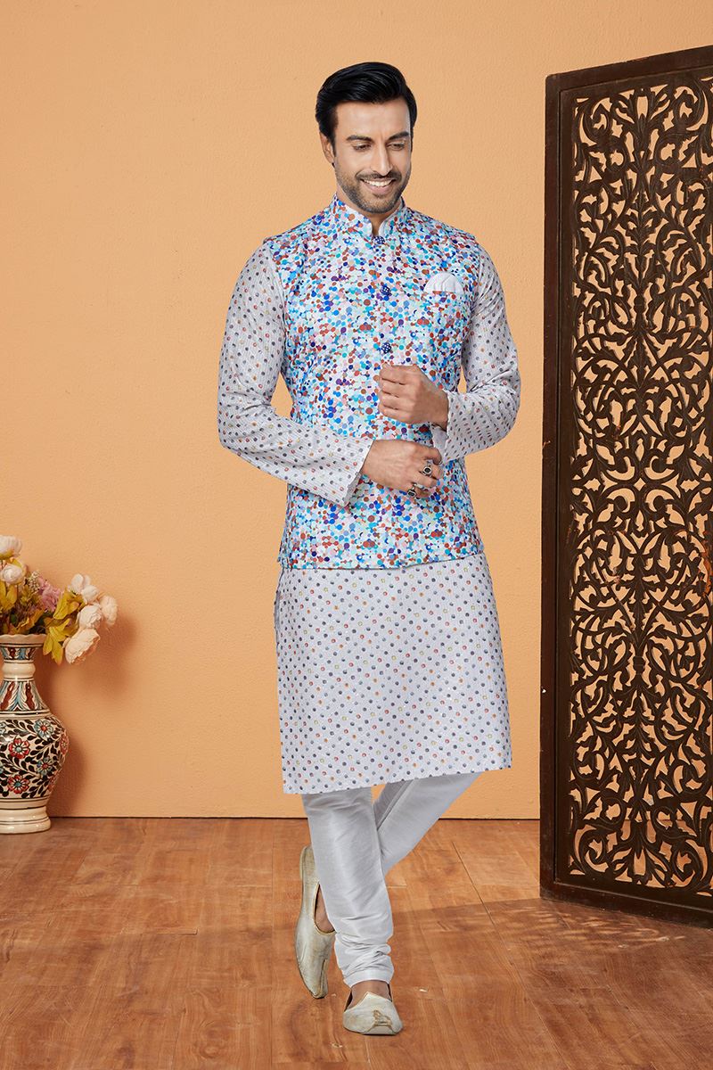 Amazing Off-White and Multi Designer Men’s Kurta Jacket Sets for Engagement, Reception, Sangeet, and Party