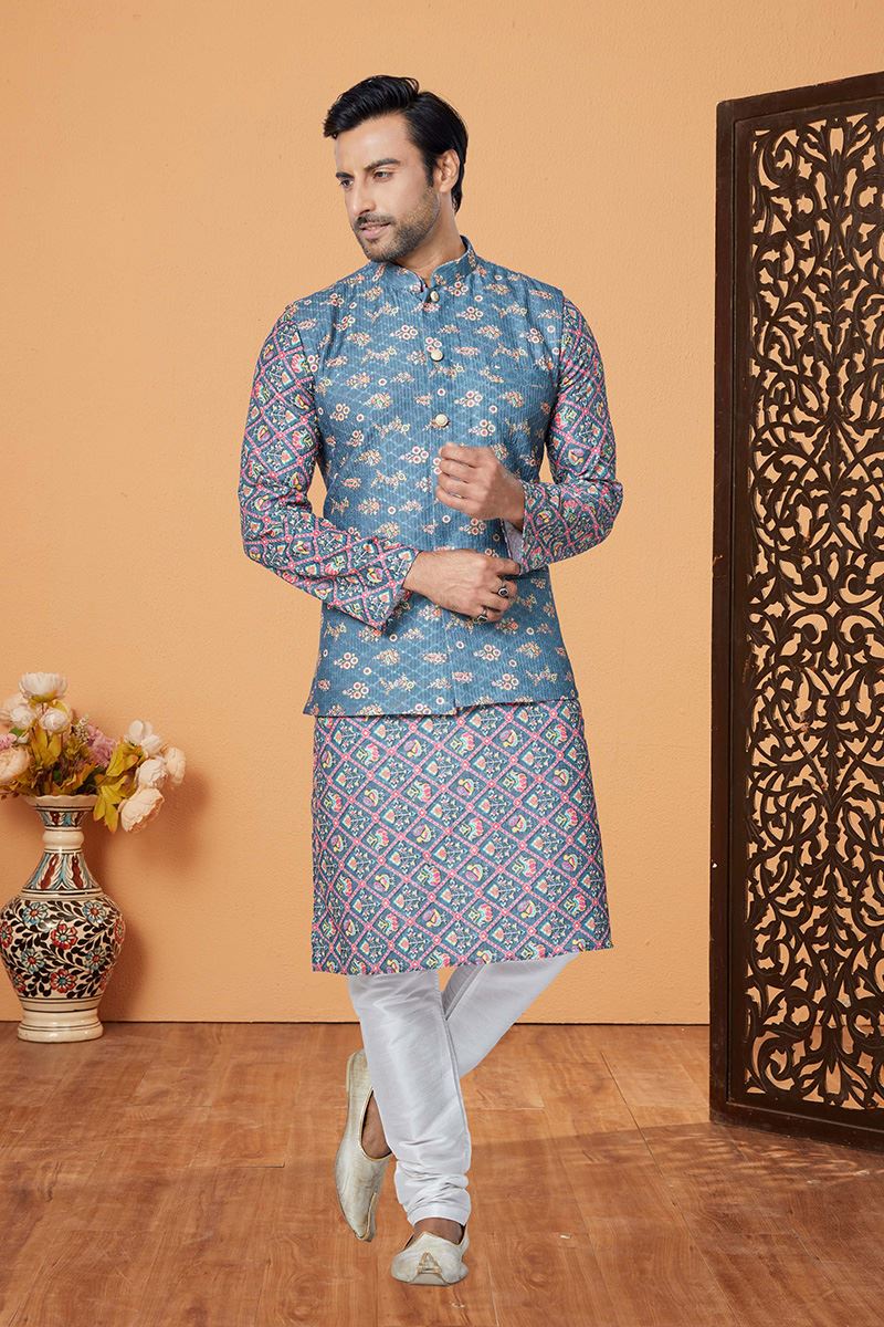 Splendid Multi and Blue Designer Men’s Kurta Jacket Sets for Engagement, Reception, Sangeet, and Party