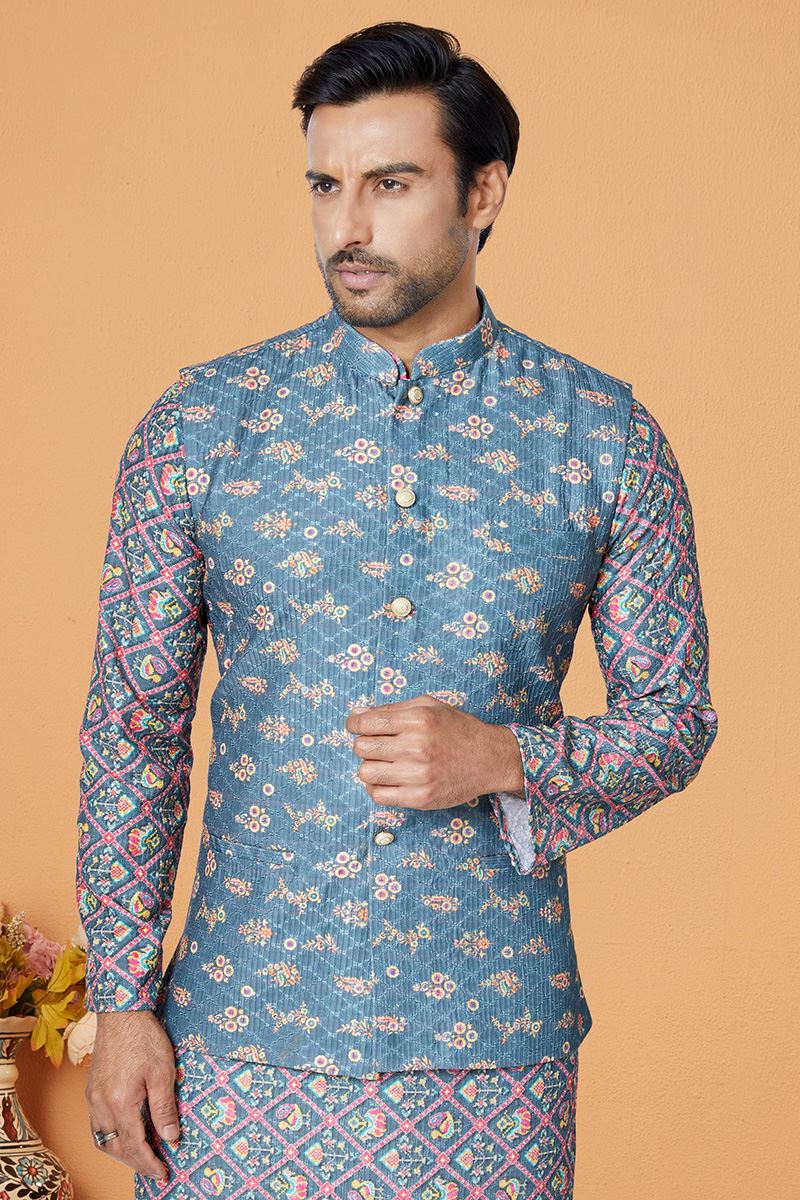 Splendid Multi and Blue Designer Men’s Kurta Jacket Sets for Engagement, Reception, Sangeet, and Party