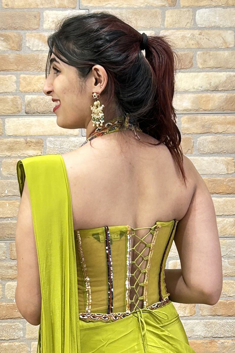 Striking Designer Ready to Wear Saree with Corset Blouse for Reception, Sangeet, and Parties