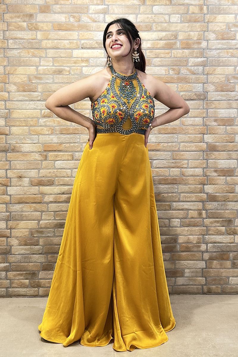 Charismatic Mustard Designer Indo-Western Jumpsuit for Haldi, Sangeet, and Parties