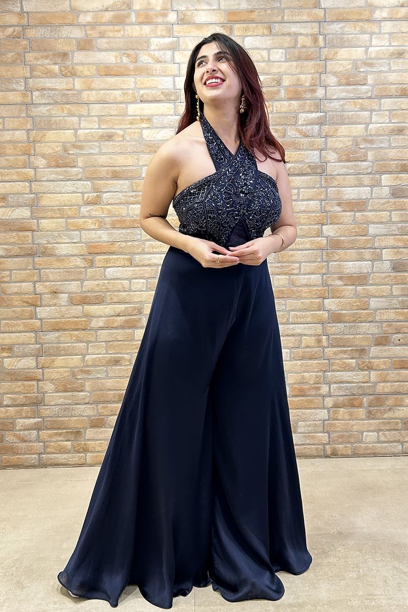 Smashing Navy Blue Designer Indo-Western Jumpsuit for Sangeet and Parties